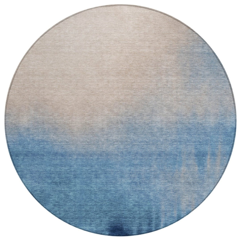 HomeRoots 8' Modern Round Abstract Area Rug in Denim Blue, Beige & Cream - Washable, Durable & Stylish! 691310