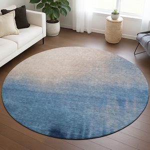 HomeRoots 8' Modern Round Abstract Area Rug in Denim Blue, Beige & Cream - Washable, Durable & Stylish! 691310