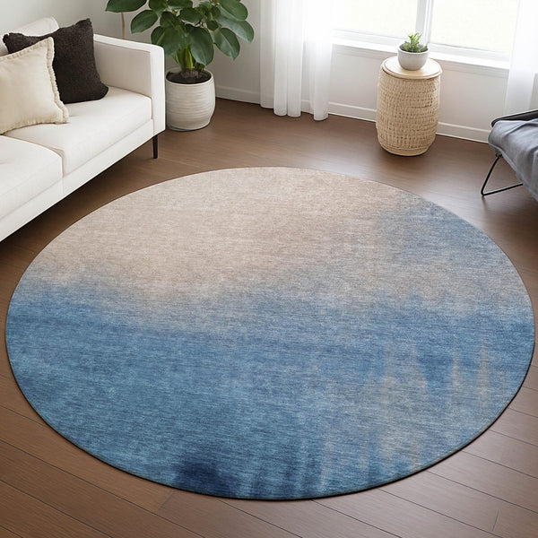 HomeRoots 8' Modern Round Abstract Area Rug in Denim Blue, Beige & Cream - Washable, Durable & Stylish! 691310