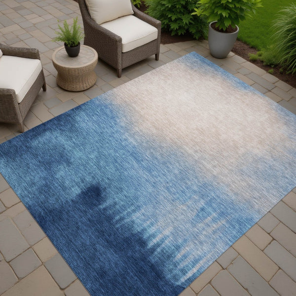 HomeRoots 9' Indoor Outdoor Abstract Area Rug in Denim Blue, Beige & Cream - Washable, Durable, Stylish Decor 691312