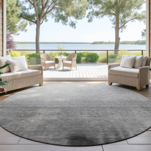 HomeRoots 8' Modern Gray Silver Black Round Abstract Area Rug - Washable, Durable Design for Indoor/Outdoor Use 691322