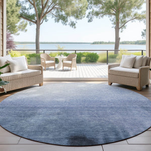 HomeRoots 8' Round Abstract Area Rug in Navy, Charcoal & Sky Blue - Washable, Durable for Indoor & Outdoor Use 691340
