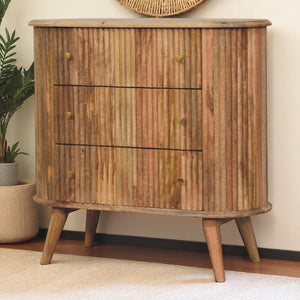 English Elm Soba Solid Mango Wood Chest of 3 Drawers with Brass Knobs & Nordic Legs, Light Brown Finish, Modern Elegance B182P337358
