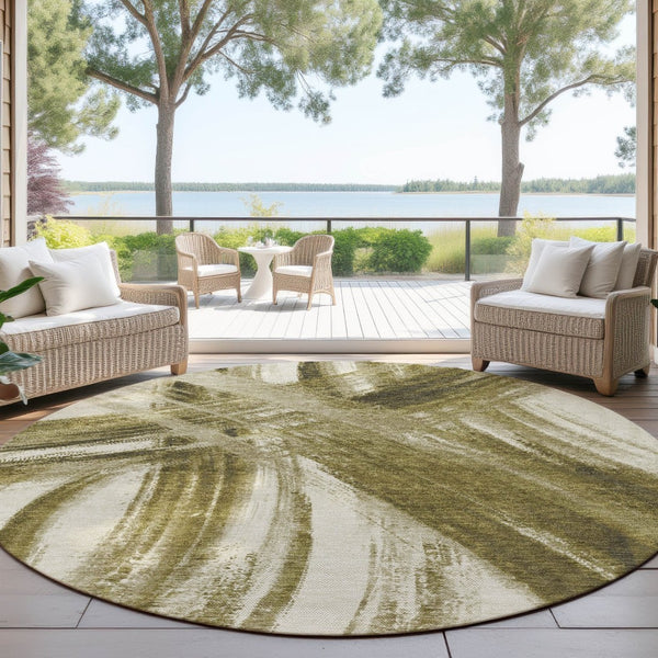 HomeRoots 8' Khaki Beige & Brown Round Abstract Area Rug - Washable, Durable, Stylish for Indoor & Outdoor Use 691358