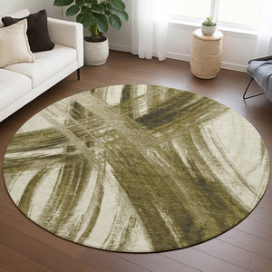 HomeRoots 8' Khaki Beige & Brown Round Abstract Area Rug - Washable, Durable, Stylish for Indoor & Outdoor Use 691358