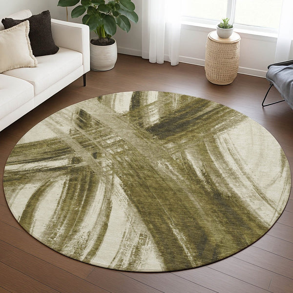 HomeRoots 8' Khaki Beige & Brown Round Abstract Area Rug - Washable, Durable, Stylish for Indoor & Outdoor Use 691358