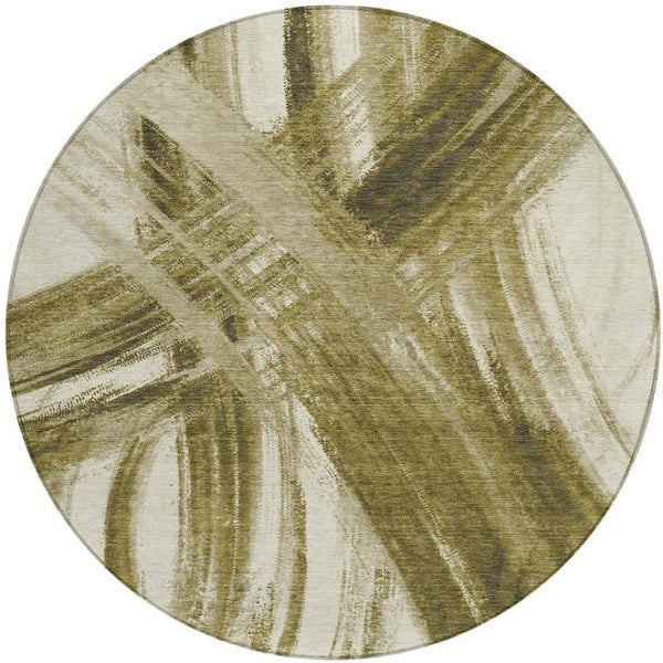 HomeRoots 8' Khaki Beige & Brown Round Abstract Area Rug - Washable, Durable, Stylish for Indoor & Outdoor Use 691358