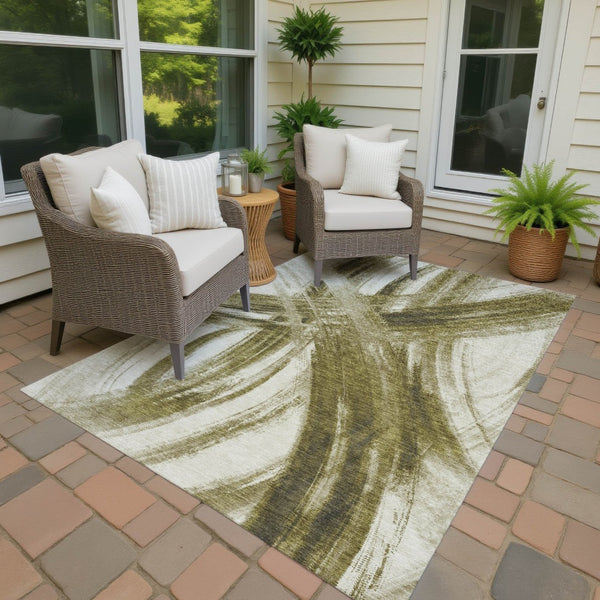 HomeRoots 10' Khaki Beige and Brown Abstract Area Rug - Washable, Stain Resistant, Perfect for Indoor/Outdoor Use! 691361
