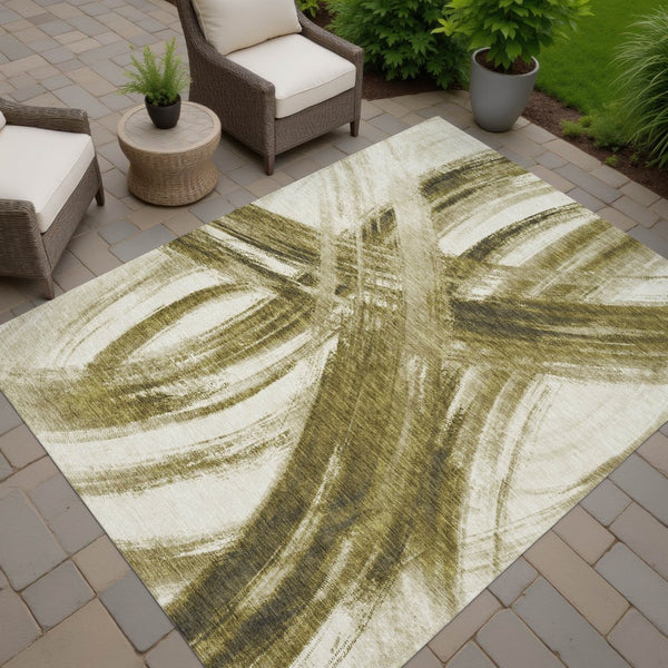 HomeRoots 10' Khaki Beige and Brown Abstract Area Rug - Washable, Stain Resistant, Perfect for Indoor/Outdoor Use! 691361