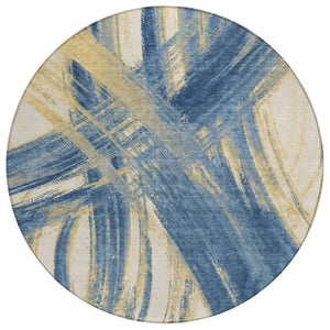 HomeRoots 8' Navy Blue Abstract Washable Area Rug - Durable Indoor/Outdoor Round Rug for Modern Spaces 691364