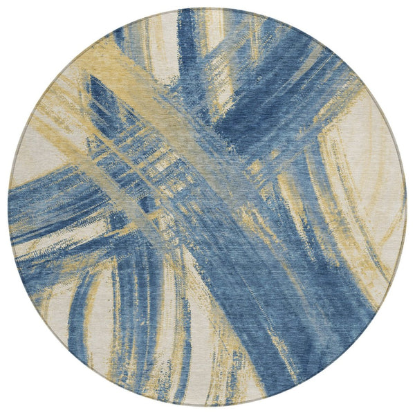 HomeRoots 8' Navy Blue Abstract Washable Area Rug - Durable Indoor/Outdoor Round Rug for Modern Spaces 691364