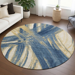 HomeRoots 8' Navy Blue Abstract Washable Area Rug - Durable Indoor/Outdoor Round Rug for Modern Spaces 691364