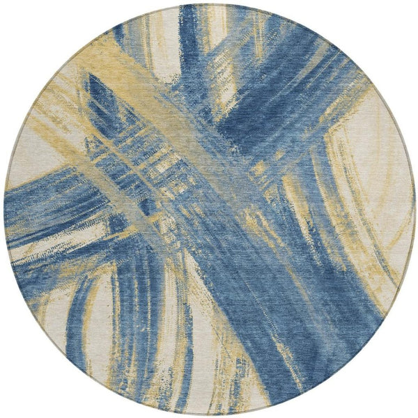HomeRoots 8' Navy Blue Abstract Washable Area Rug - Durable Indoor/Outdoor Round Rug for Modern Spaces 691364