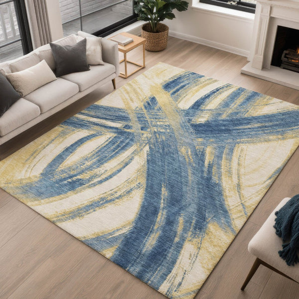 HomeRoots 9' X 12' Navy Blue Abstract Area Rug - Stylish, Durable, Washable for Indoor & Outdoor Spaces! 691366