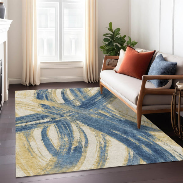 HomeRoots 9' X 12' Navy Blue Abstract Area Rug - Stylish, Durable, Washable for Indoor & Outdoor Spaces! 691366