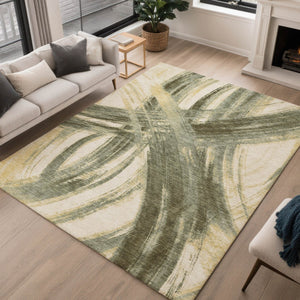 HomeRoots 5' X 8' Olive Green Gold Beige Abstract Rug – Durable, Washable Design for Indoor & Outdoor Style 691369