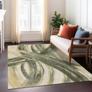 HomeRoots 5' X 8' Olive Green Gold Beige Abstract Rug – Durable, Washable Design for Indoor & Outdoor Style 691369