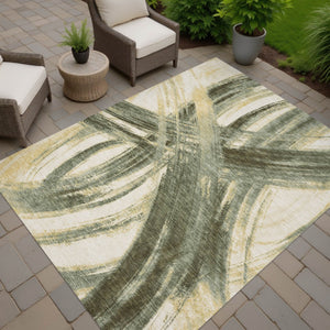 HomeRoots 5' X 8' Olive Green Gold Beige Abstract Rug – Durable, Washable Design for Indoor & Outdoor Style 691369