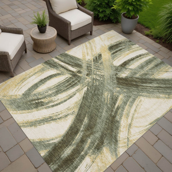 HomeRoots 5' X 8' Olive Green Gold Beige Abstract Rug – Durable, Washable Design for Indoor & Outdoor Style 691369