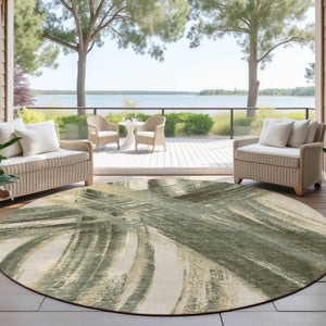 HomeRoots 8' Round Abstract Area Rug in Olive Green, Gold & Beige - Washable for Indoor & Outdoor Use! 691370
