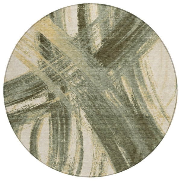 HomeRoots 8' Round Abstract Area Rug in Olive Green, Gold & Beige - Washable for Indoor & Outdoor Use! 691370