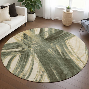 HomeRoots 8' Round Abstract Area Rug in Olive Green, Gold & Beige - Washable for Indoor & Outdoor Use! 691370