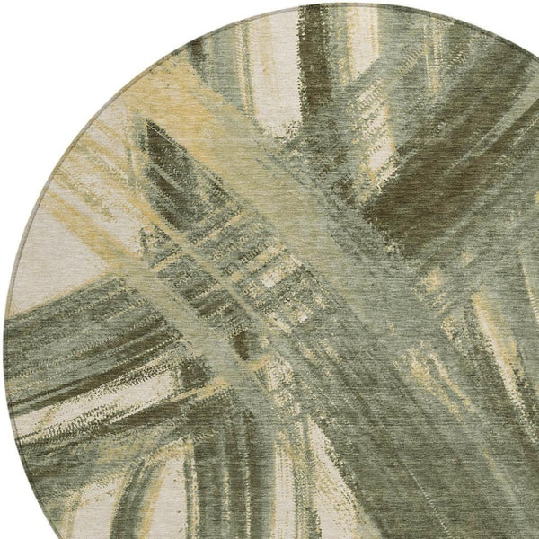 HomeRoots 8' Round Abstract Area Rug in Olive Green, Gold & Beige - Washable for Indoor & Outdoor Use! 691370