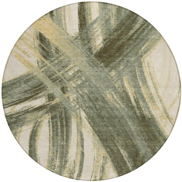 HomeRoots 8' Round Abstract Area Rug in Olive Green, Gold & Beige - Washable for Indoor & Outdoor Use! 691370