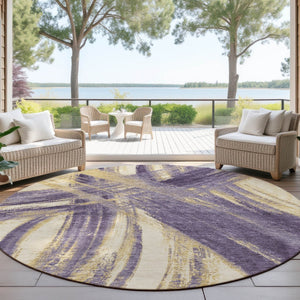 HomeRoots 8' Round Abstract Rug in Rich Plum, Gold & Beige - Stylish, Washable, Durable for Indoor & Outdoor Use 691376