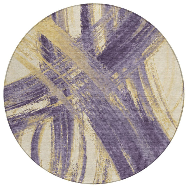 HomeRoots 8' Round Abstract Rug in Rich Plum, Gold & Beige - Stylish, Washable, Durable for Indoor & Outdoor Use 691376