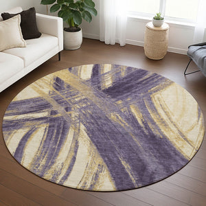HomeRoots 8' Round Abstract Rug in Rich Plum, Gold & Beige - Stylish, Washable, Durable for Indoor & Outdoor Use 691376