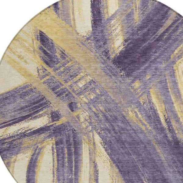 HomeRoots 8' Round Abstract Rug in Rich Plum, Gold & Beige - Stylish, Washable, Durable for Indoor & Outdoor Use 691376