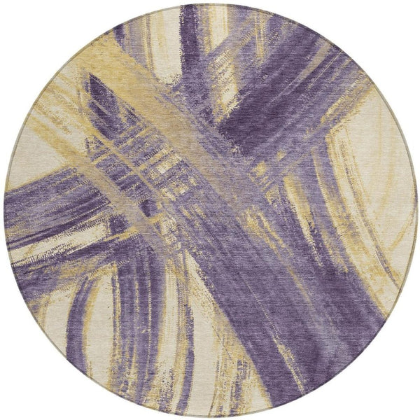 HomeRoots 8' Round Abstract Rug in Rich Plum, Gold & Beige - Stylish, Washable, Durable for Indoor & Outdoor Use 691376