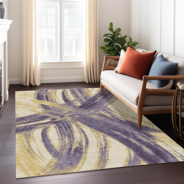 HomeRoots 10' X 14' Plum Gold Beige Abstract Indoor Outdoor Area Rug - Stylish, Durable, Washable & Versatile 691379
