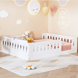 English Elm Wood Full Size Kids Platform Bed Solid Pine Guardrail Low Profile Safe Sleep Frame White N709P321458K