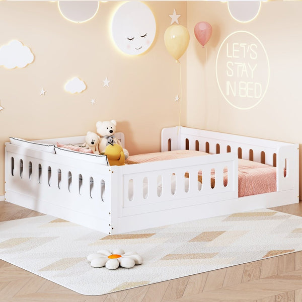 English Elm Wood Full Size Kids Platform Bed Solid Pine Guardrail Low Profile Safe Sleep Frame White N709P321458K