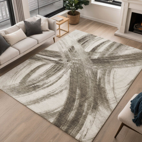 HomeRoots 5' X 8' Taupe and Ivory Abstract Area Rug - Washable, Stain-Resistant for Indoor & Outdoor Use 691381