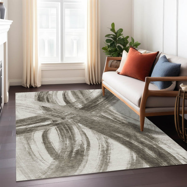 HomeRoots 5' X 8' Taupe and Ivory Abstract Area Rug - Washable, Stain-Resistant for Indoor & Outdoor Use 691381