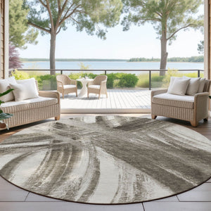 HomeRoots 8' Taupe and Ivory Round Abstract Rug - Washable, Durable Design for Indoor & Outdoor Spaces! 691382