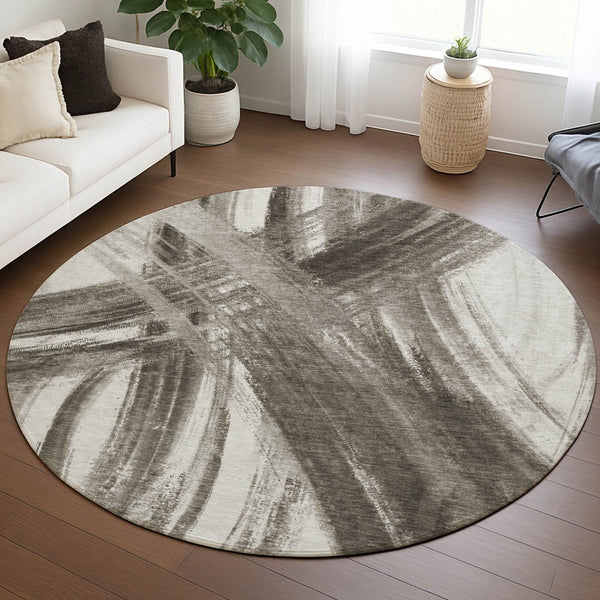HomeRoots 8' Taupe and Ivory Round Abstract Rug - Washable, Durable Design for Indoor & Outdoor Spaces! 691382