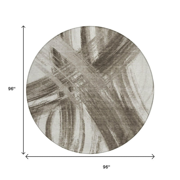 HomeRoots 8' Taupe and Ivory Round Abstract Rug - Washable, Durable Design for Indoor & Outdoor Spaces! 691382