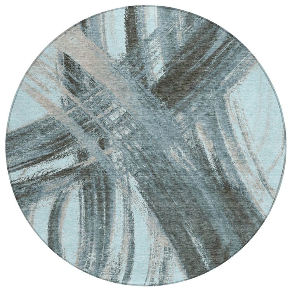 HomeRoots 8' Teal Blue Abstract Round Area Rug – Stylish, Washable, Durable for Indoor & Outdoor Spaces 691388