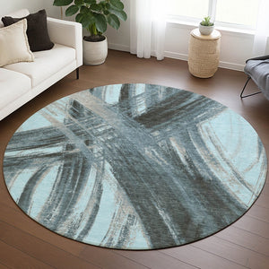 HomeRoots 8' Teal Blue Abstract Round Area Rug – Stylish, Washable, Durable for Indoor & Outdoor Spaces 691388