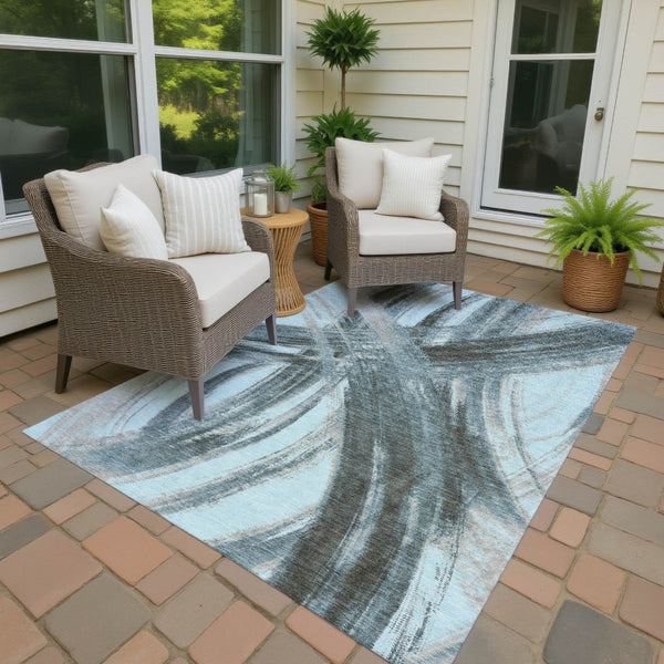HomeRoots 9' X 12' Teal Blue Charcoal Silver Abstract Rug - Washable, Stylish, Durable for Indoor/Outdoor Use! 691390