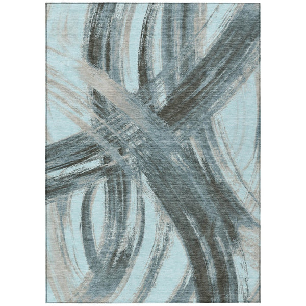 HomeRoots 9' X 12' Teal Blue Charcoal Silver Abstract Rug - Washable, Stylish, Durable for Indoor/Outdoor Use! 691390