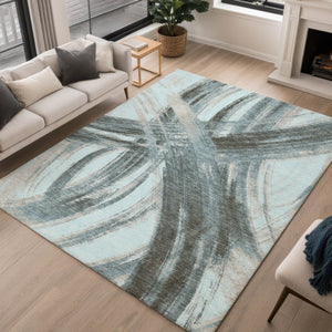 HomeRoots 9' X 12' Teal Blue Charcoal Silver Abstract Rug - Washable, Stylish, Durable for Indoor/Outdoor Use! 691390