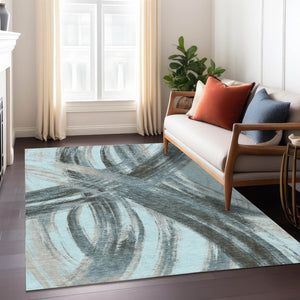 HomeRoots 9' X 12' Teal Blue Charcoal Silver Abstract Rug - Washable, Stylish, Durable for Indoor/Outdoor Use! 691390
