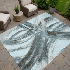 HomeRoots 9' X 12' Teal Blue Charcoal Silver Abstract Rug - Washable, Stylish, Durable for Indoor/Outdoor Use! 691390