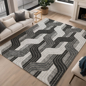 HomeRoots 5' Stylish Black, Gray & Silver Striped Washable Area Rug – Perfect for Indoor & Outdoor Spaces! 691393