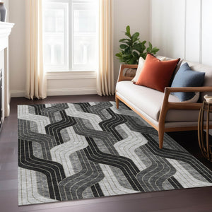 HomeRoots 5' Stylish Black, Gray & Silver Striped Washable Area Rug – Perfect for Indoor & Outdoor Spaces! 691393